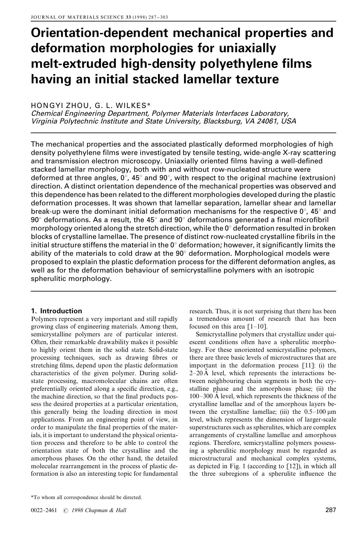 Orientation-dependent mechanical properties and deformation morphologies for uniaxially melt-extruded high-density polyethylene films having an initial stacked lamellar texture by Unknown