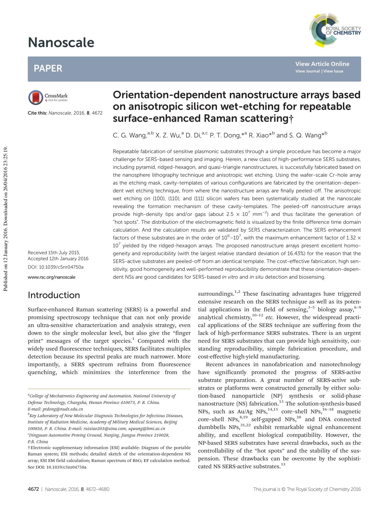 Orientation-dependent nanostructure arrays based on anisotropic silicon wet-etching for repeatable surface-enhanced Raman scattering by C. G. Wang X. Z. Wu D. Di P. T. Dong R. Xiao S. Q. Wang