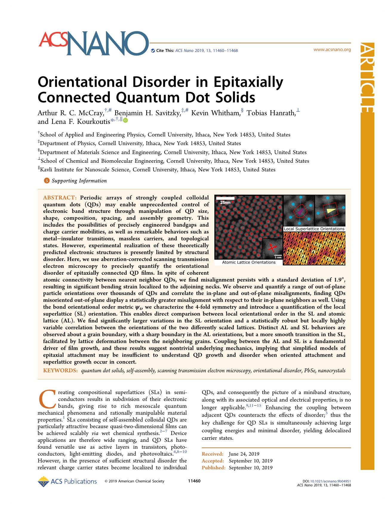 Orientational Disorder in Epitaxially Connected Quantum Dot Solids by Arthur R. C. McCray Benjamin H. Savitzky Kevin Whitham Tobias Hanrath and Lena F. Kourkoutis