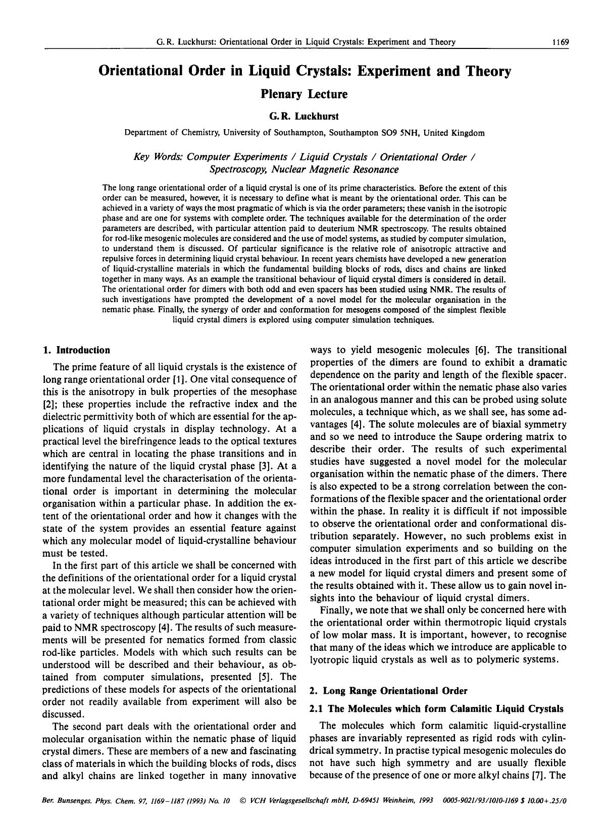 Orientational Order in Liquid Crystals: Experiment and Theory by Unknown