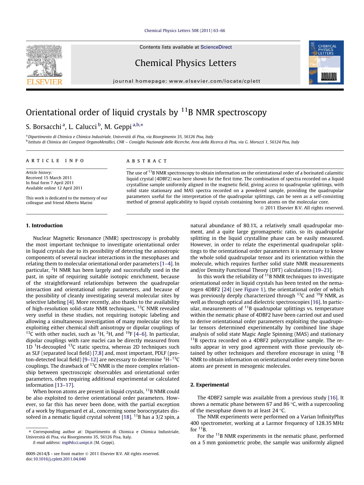 Orientational order of liquid crystals by 11B NMR spectroscopy by S. Borsacchi & L. Calucci & M. Geppi
