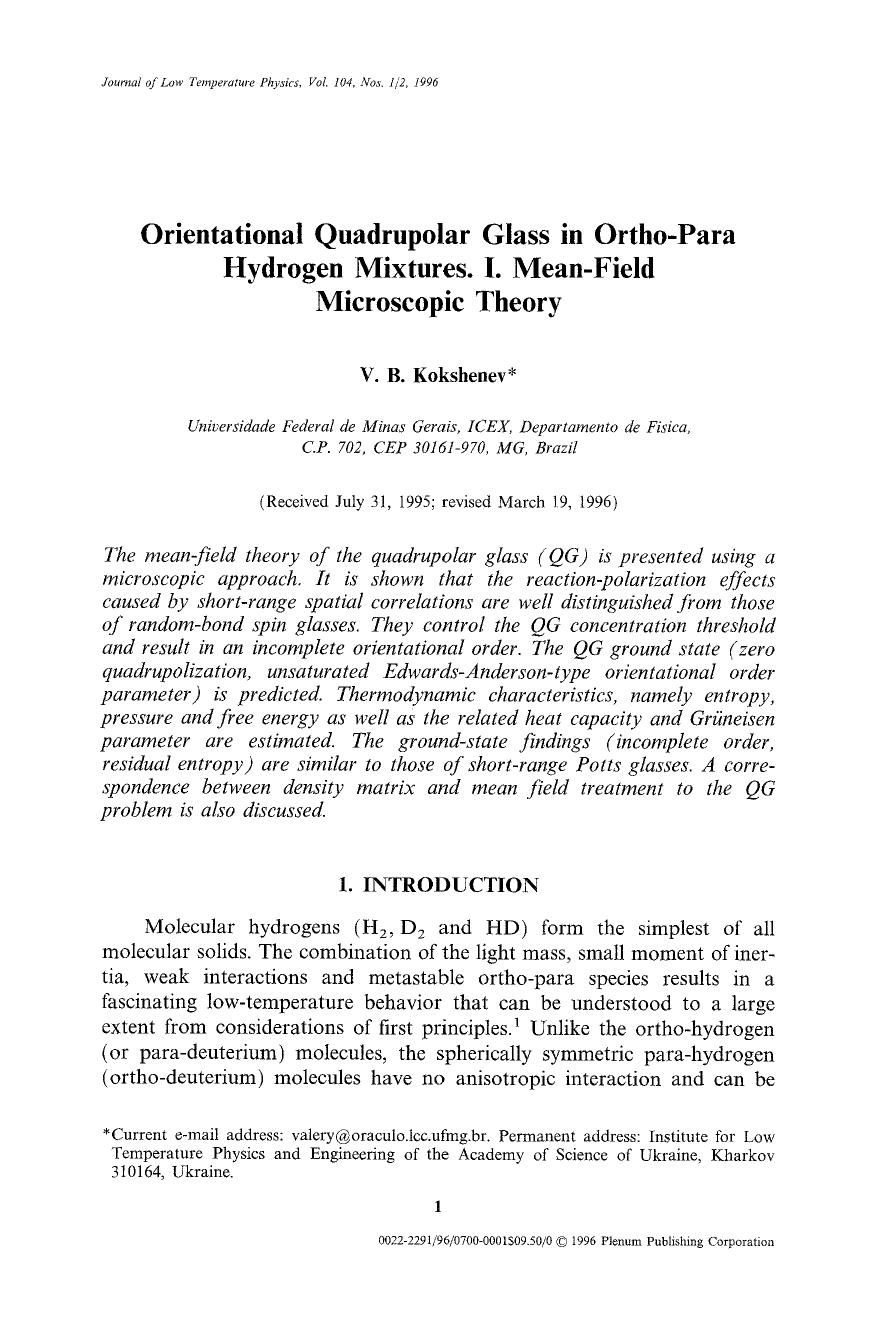 Orientational quadrupolar glass in ortho-para hydrogen mixtures. I. Mean-field microscopic theory by Unknown