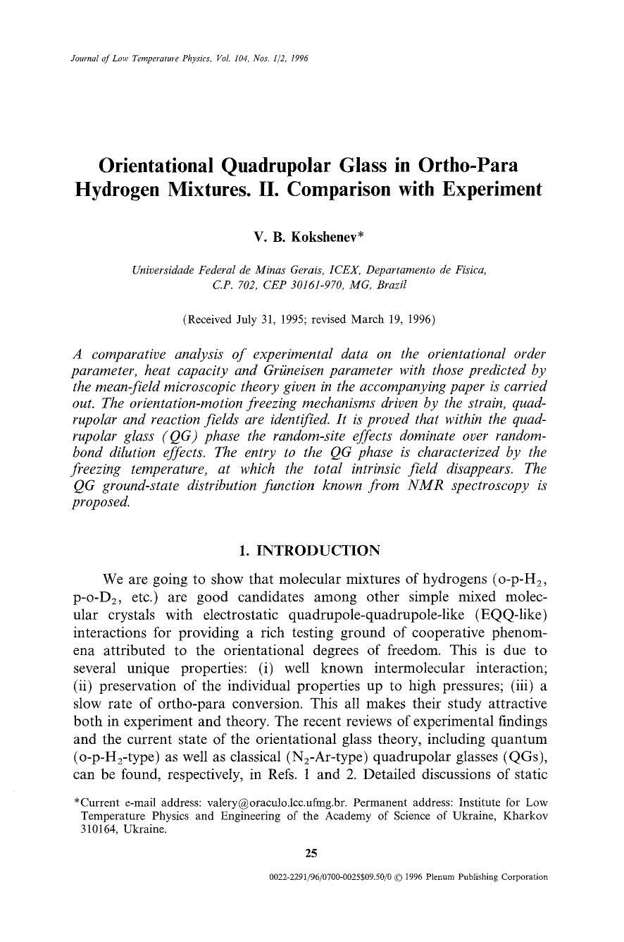 Orientational quadrupolar glass in ortho-para hydrogen mixtures. II. Comparison with experiment by Unknown