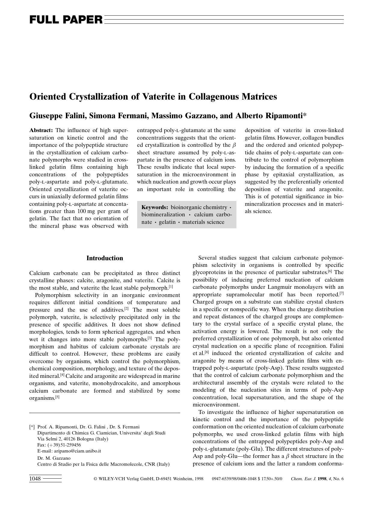 Oriented Crystallization of Vaterite in Collagenous Matrices by Unknown