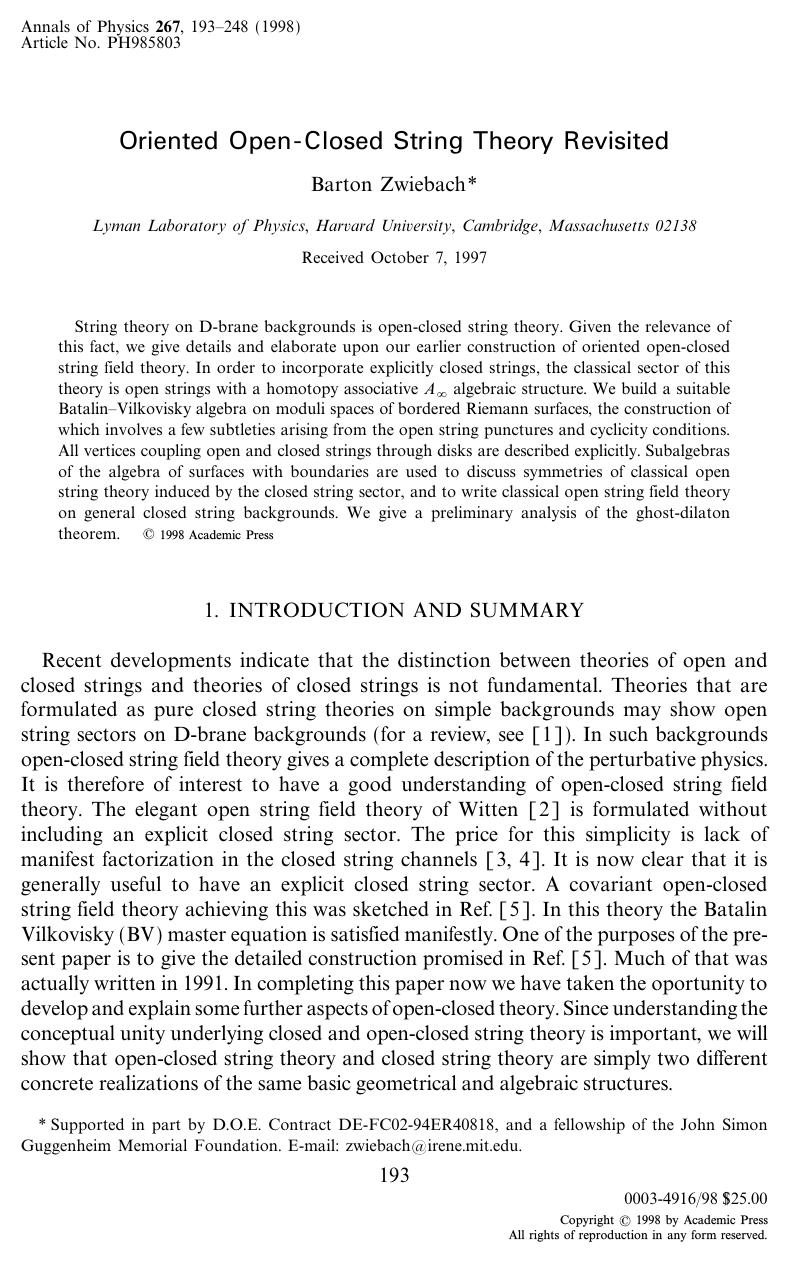 Oriented Open-Closed String Theory Revisited by Zwiebach B