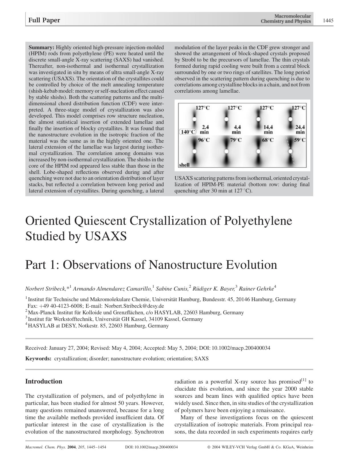 Oriented Quiescent Crystallization of Polyethylene Studied by USAXS by unknow