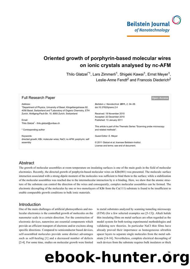 Oriented growth of porphyrin-based molecular wires on ionic crystals analysed by nc-AFM by Thilo Glatzel Lars Zimmerli Shigeki Kawai Ernst Meyer Leslie-Anne Fendt Francois Diederich
