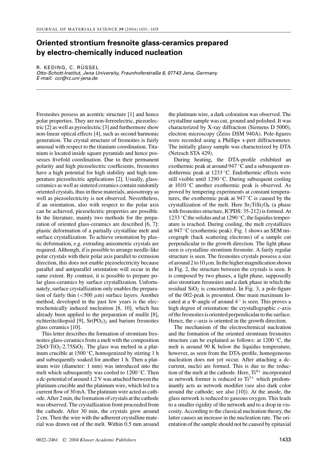 Oriented strontium fresnoite glass-ceramics prepared by electro-chemically induced nucleation by Unknown