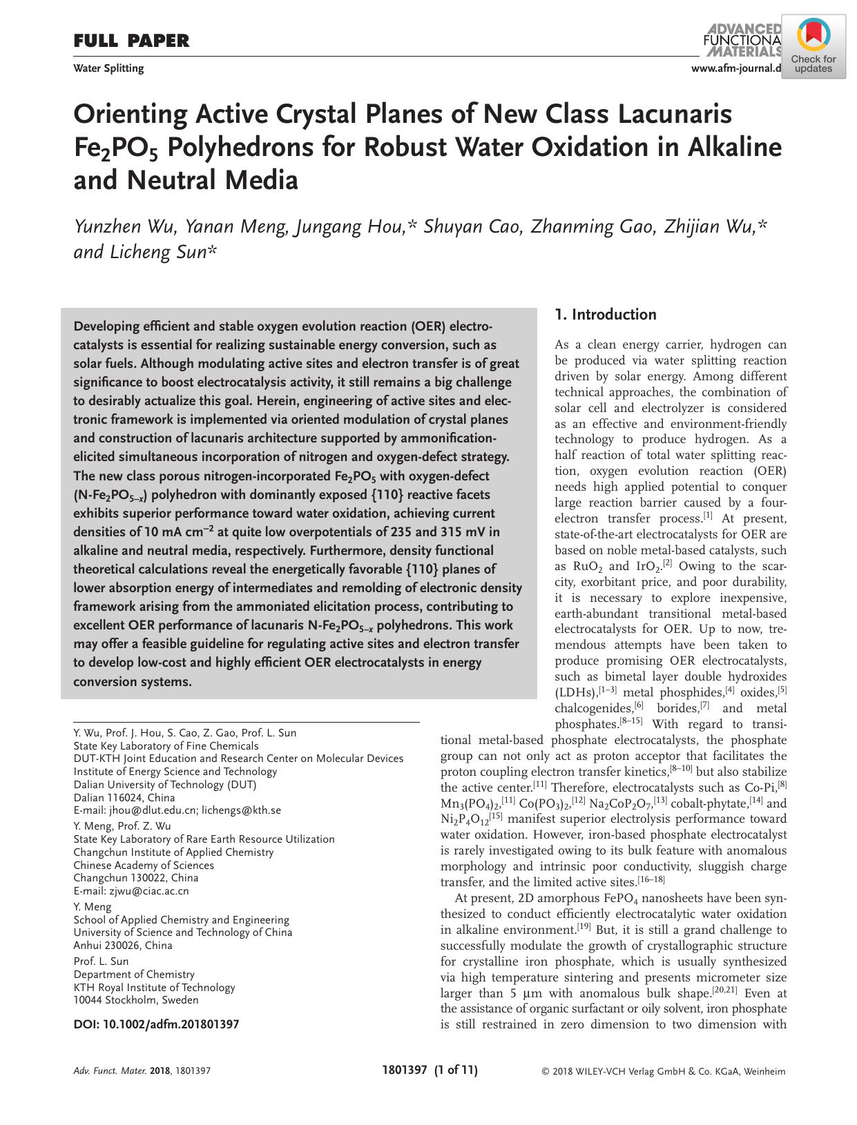 Orienting Active Crystal Planes of New Class Lacunaris Fe2PO5 Polyhedrons for Robust Water Oxidation in Alkaline and Neutral Media by Unknown