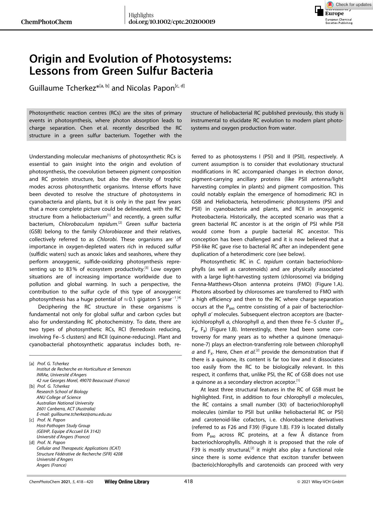 Origin and Evolution of Photosystems: Lessons from Green Sulfur Bacteria by Unknown