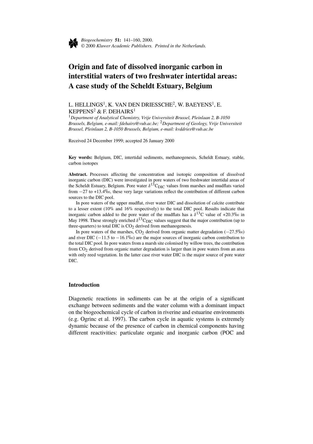 Origin and fate of dissolved inorganic carbon ininterstitial waters of two freshwater intertidalareas: A case study of the Scheldt Estuary, Belgium by Unknown