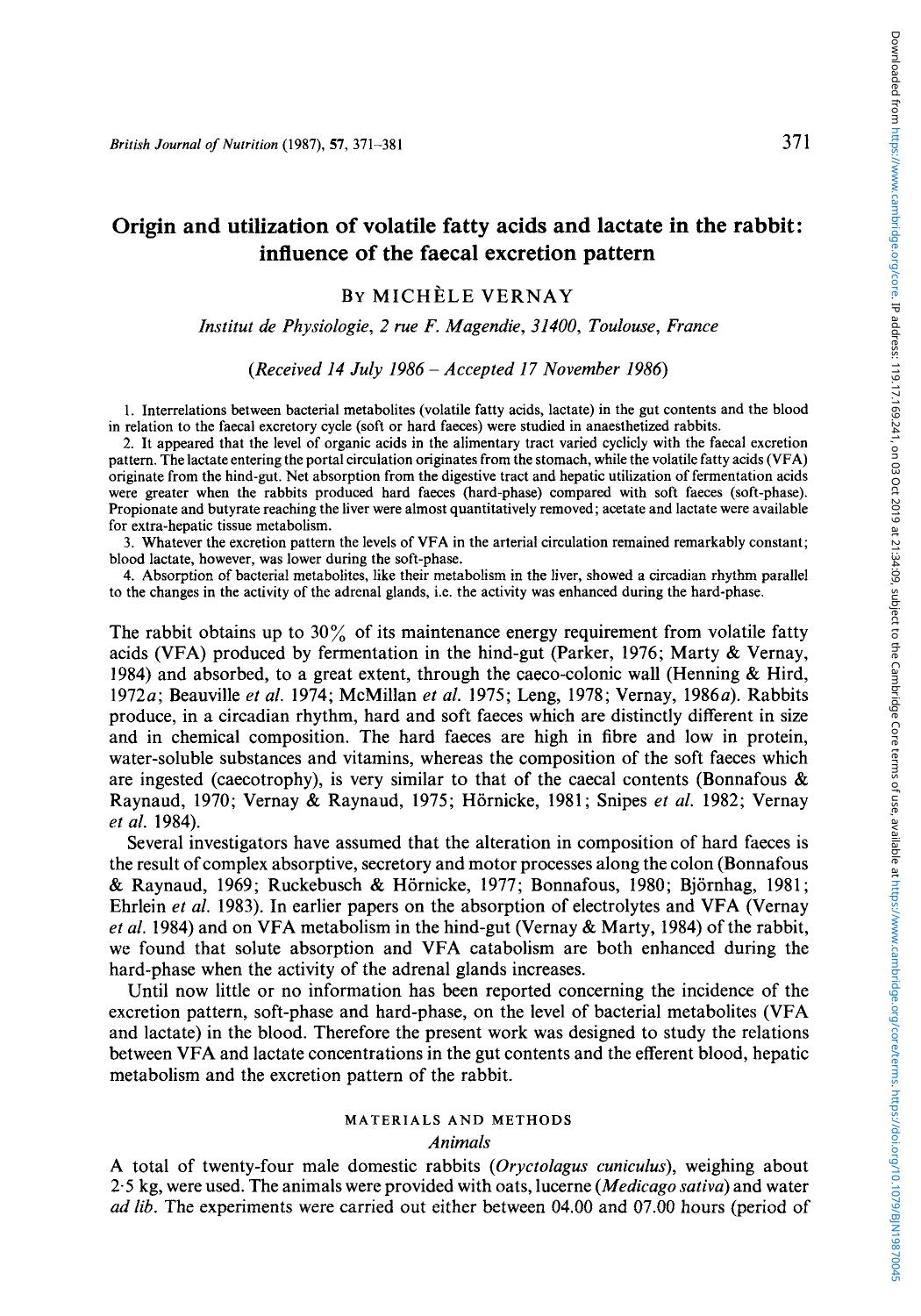 Origin and utilization of volatile fatty acids and lactate in the rabbit: influence of the faecal excretion pattern by Michéle Vernay