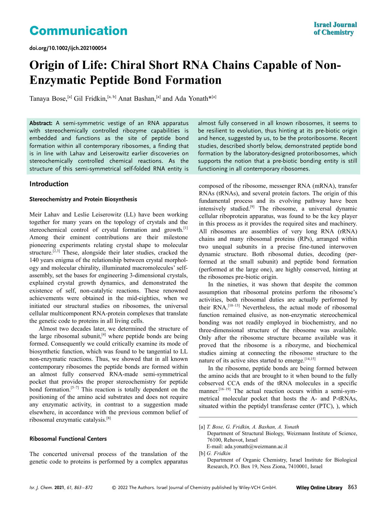 Origin of Life: Chiral Short RNA Chains Capable of NonâEnzymatic Peptide Bond Formation by Unknown
