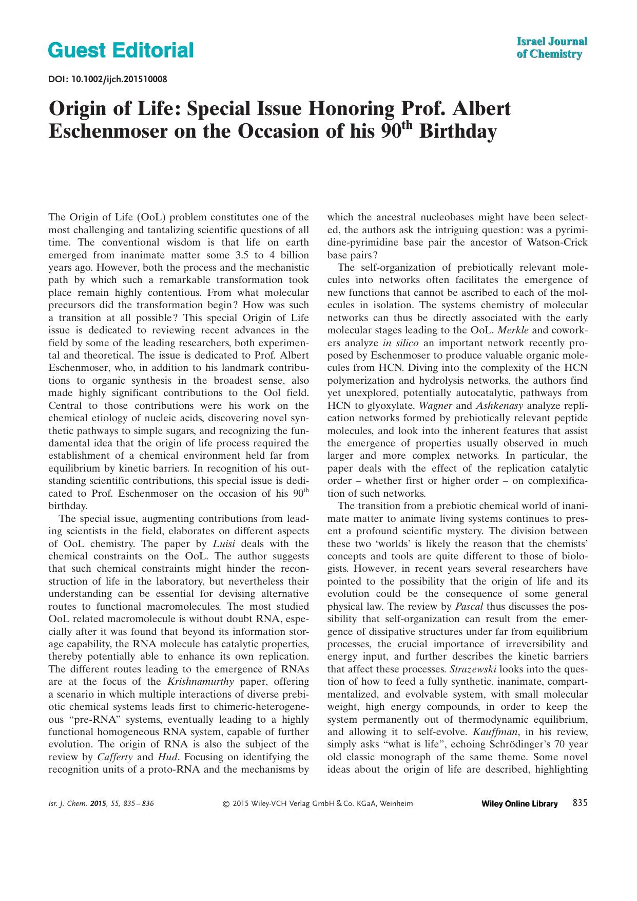 Origin of Life: Special Issue Honoring Prof. Albert Eschenmoser on the Occasion of his 90th Birthday by Unknown