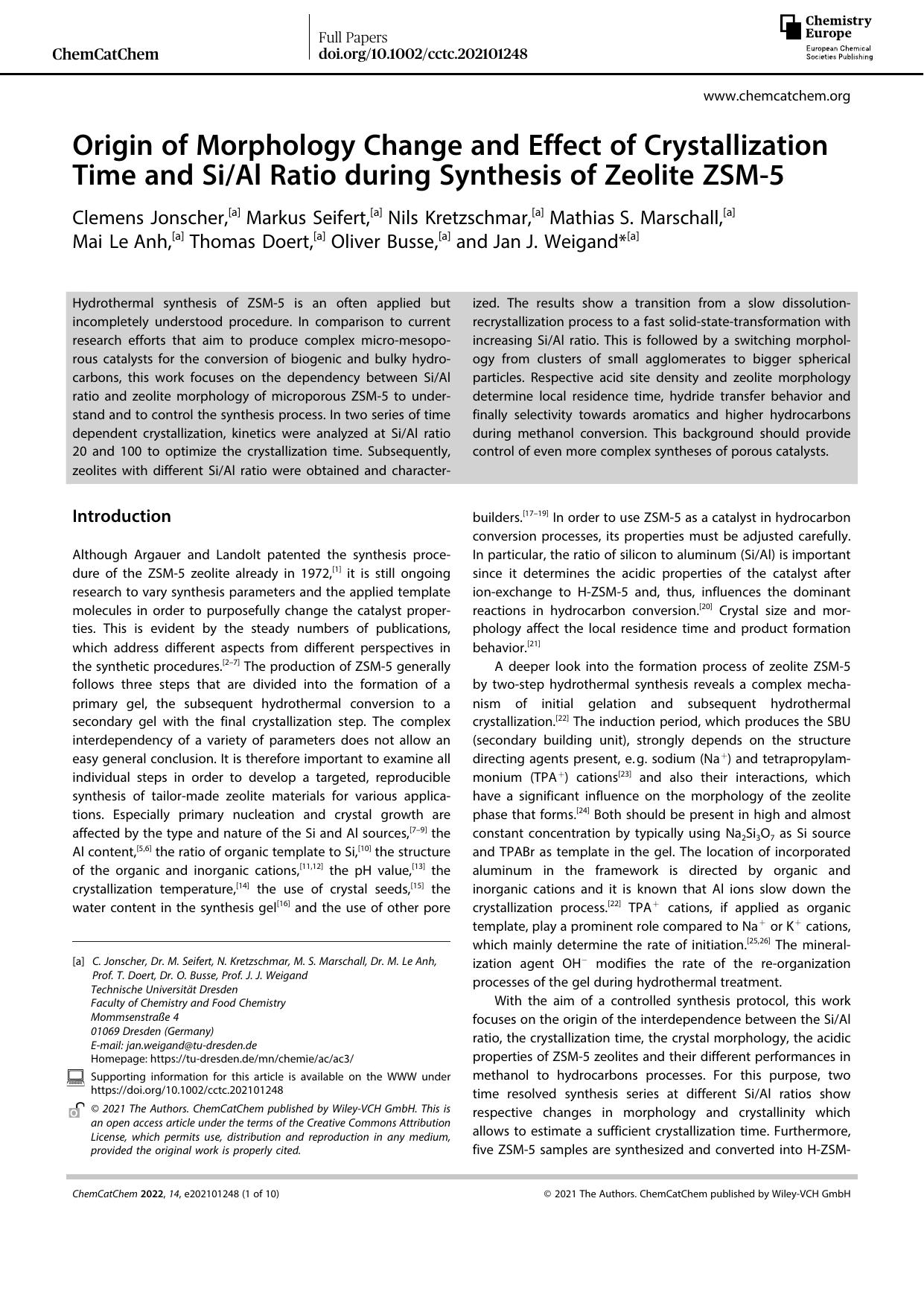 Origin of Morphology Change and Effect of Crystallization Time and SiAl Ratio during Synthesis of Zeolite ZSMâ5 by Unknown