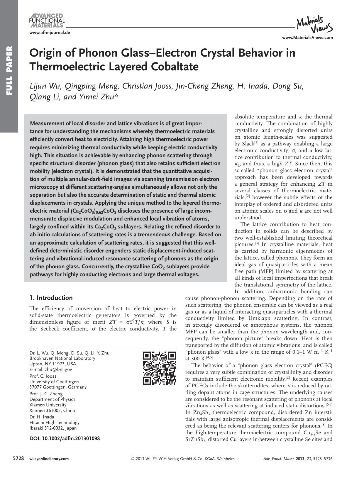 Origin of Phonon GlassElectron Crystal Behavior in Thermoelectric Layered Cobaltate by s-w-270