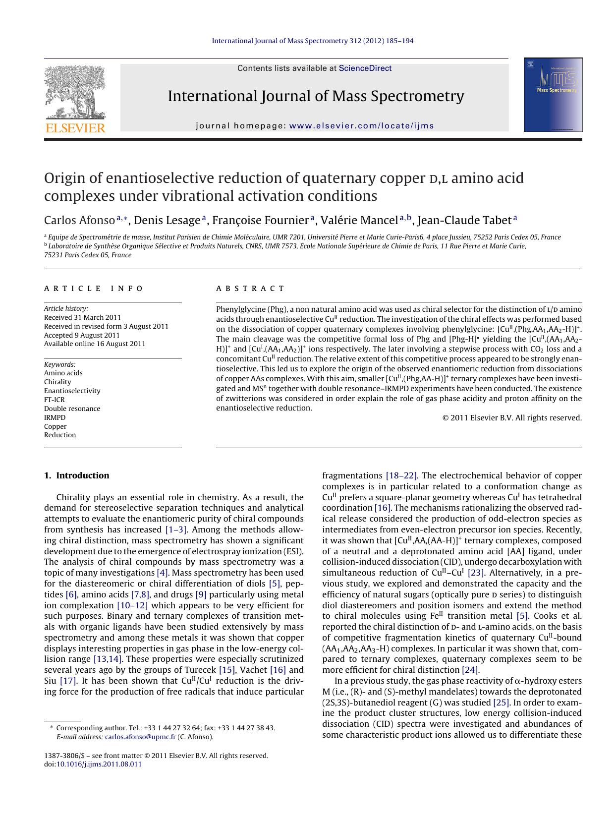 Origin of enantioselective reduction of quaternary copper d,l amino acid complexes under vibrational activation conditions by Carlos Afonso