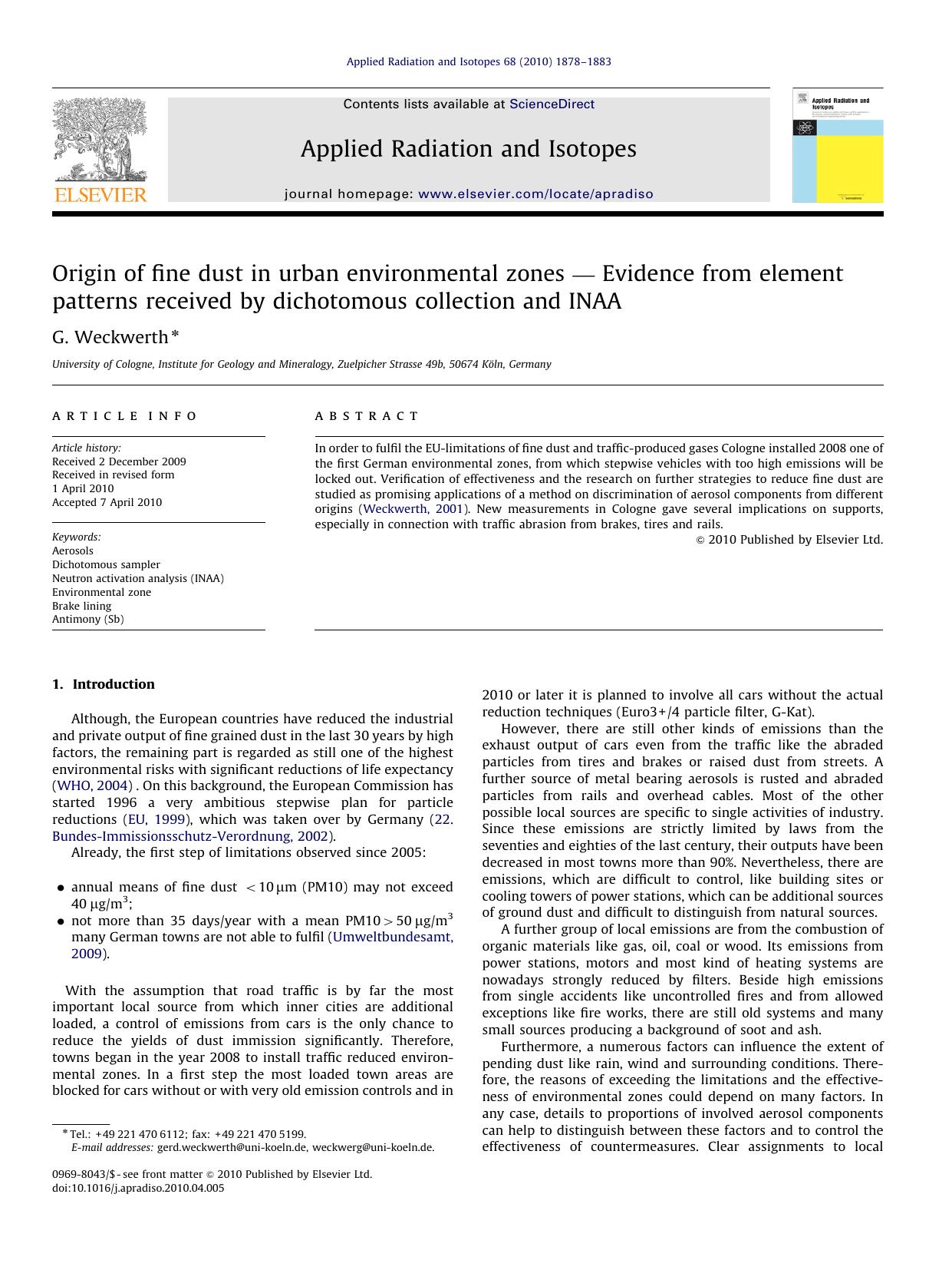Origin of fine dust in urban environmental zones â Evidence from element patterns received by dichotomous collection and INAA by G. Weckwerth