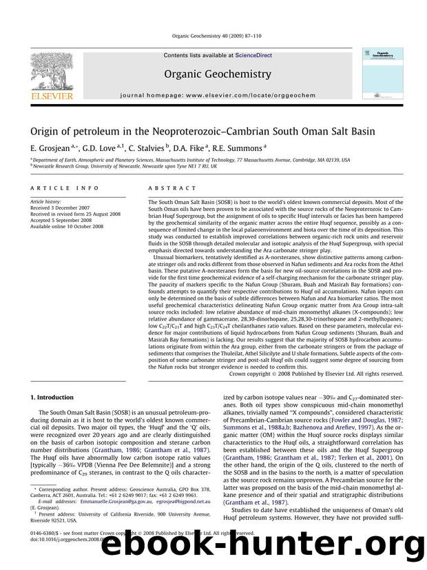 Origin of petroleum in the NeoproterozoicâCambrian South Oman Salt Basin by E. Grosjean; G.D. Love; C. Stalvies; D.A. Fike; R.E. Summons