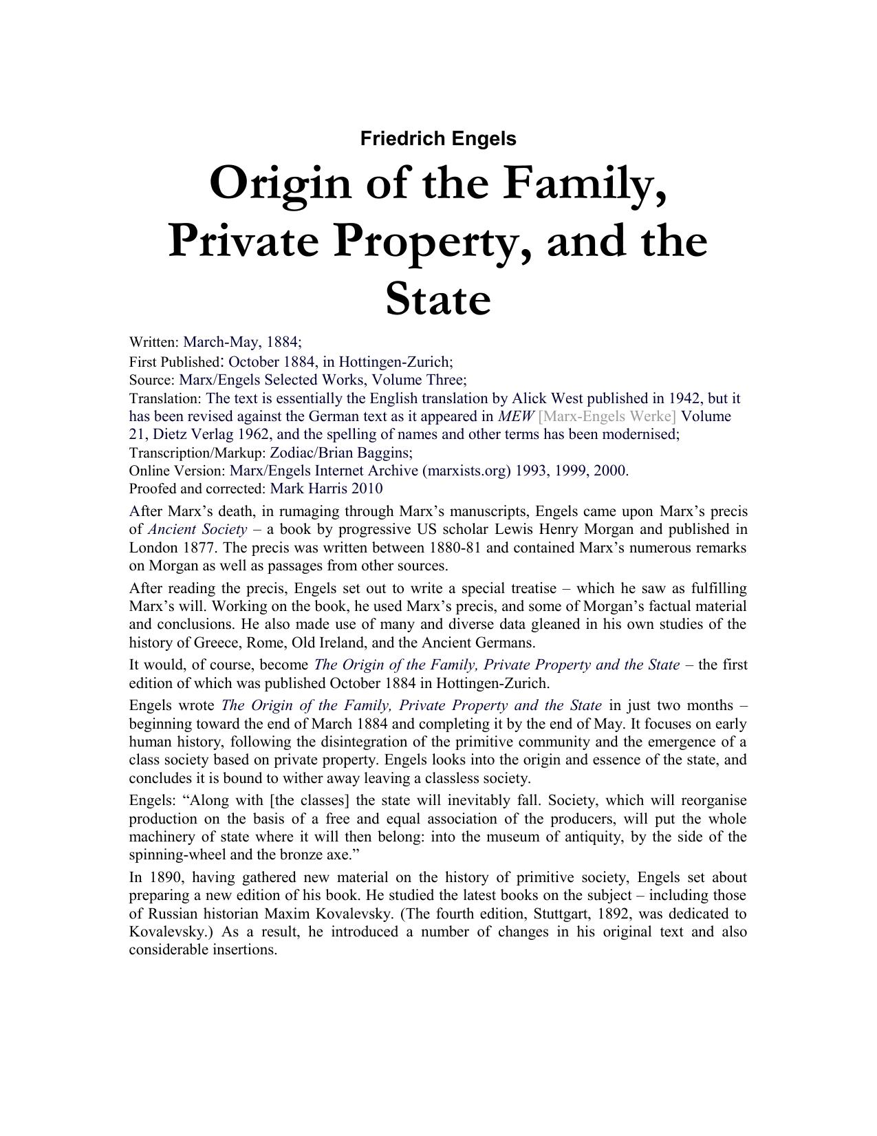 Origin of the Family, Private Property and the State by Friedrich Engels