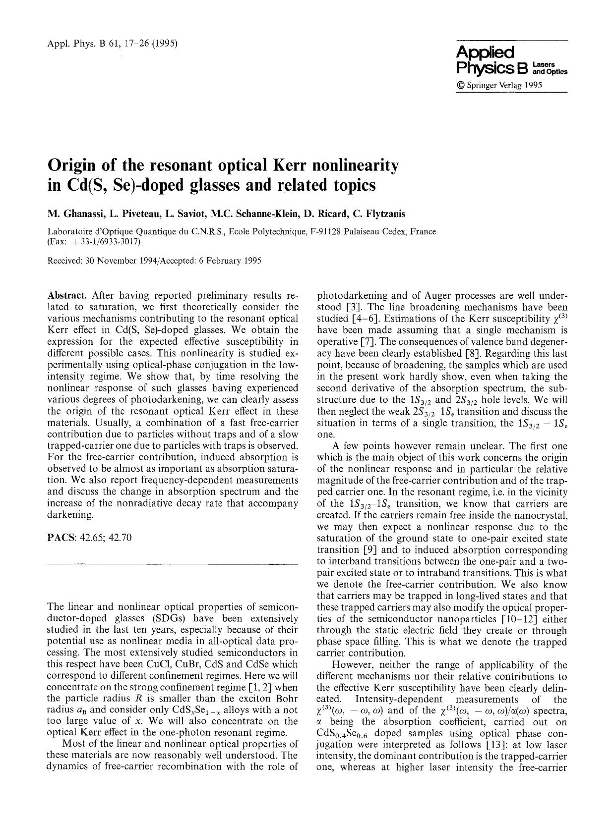 Origin of the resonant optical Kerr nonlinearity in Cd(S, Se)-doped glasses and related topics by Unknown