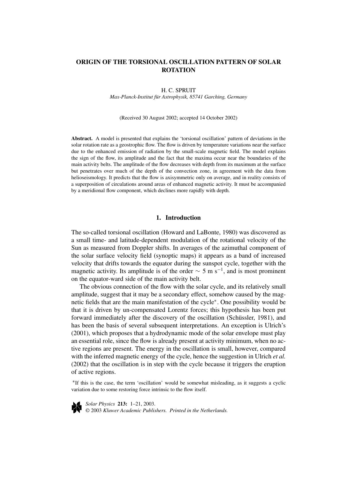 Origin of the torsional oscillation pattern of solar rotation by Unknown