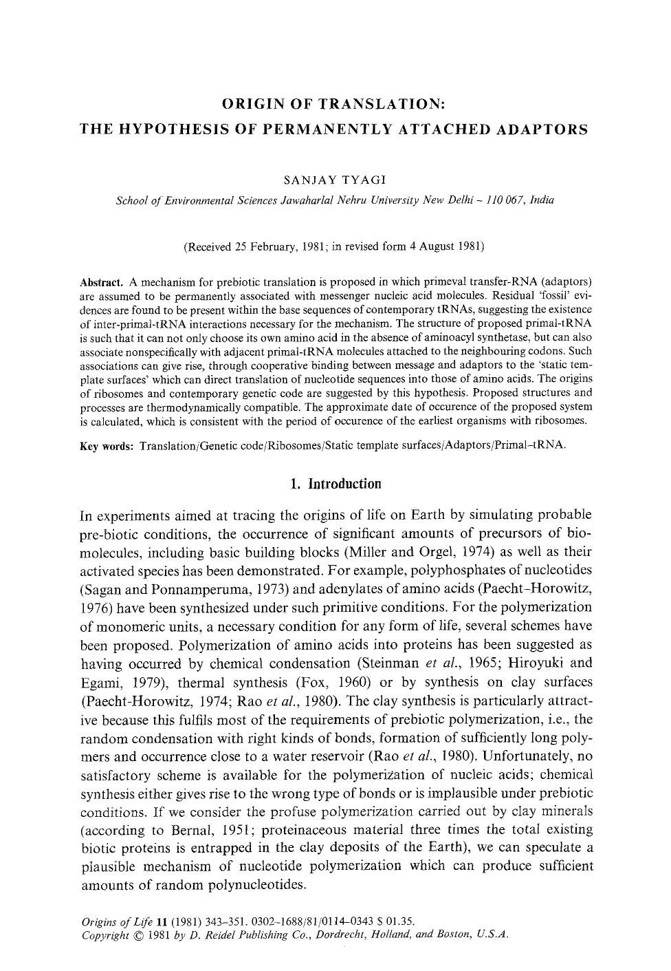 Origin of translation: The hypothesis of permanently attached adaptors by Unknown