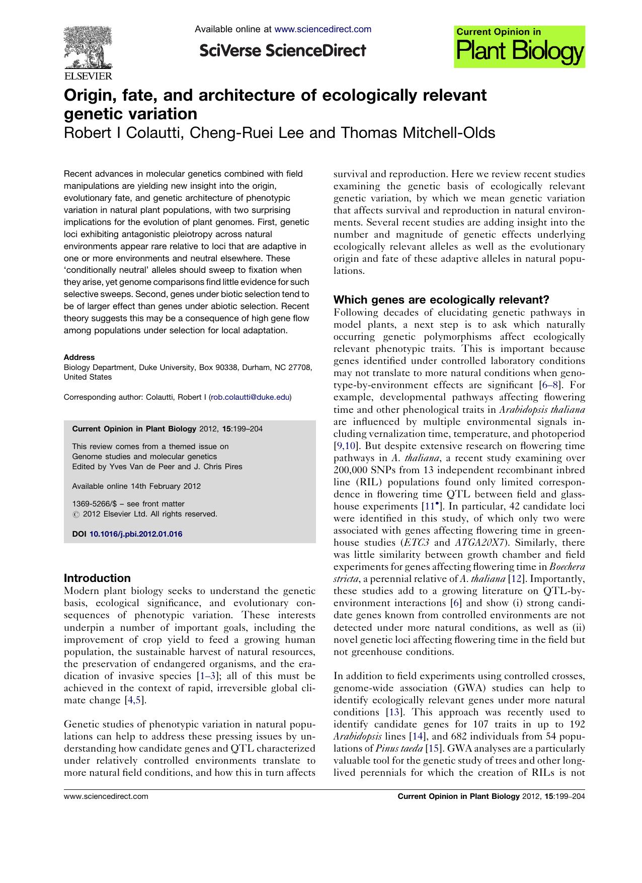 Origin, fate, and architecture of ecologically relevant genetic variation by Robert I Colautti
