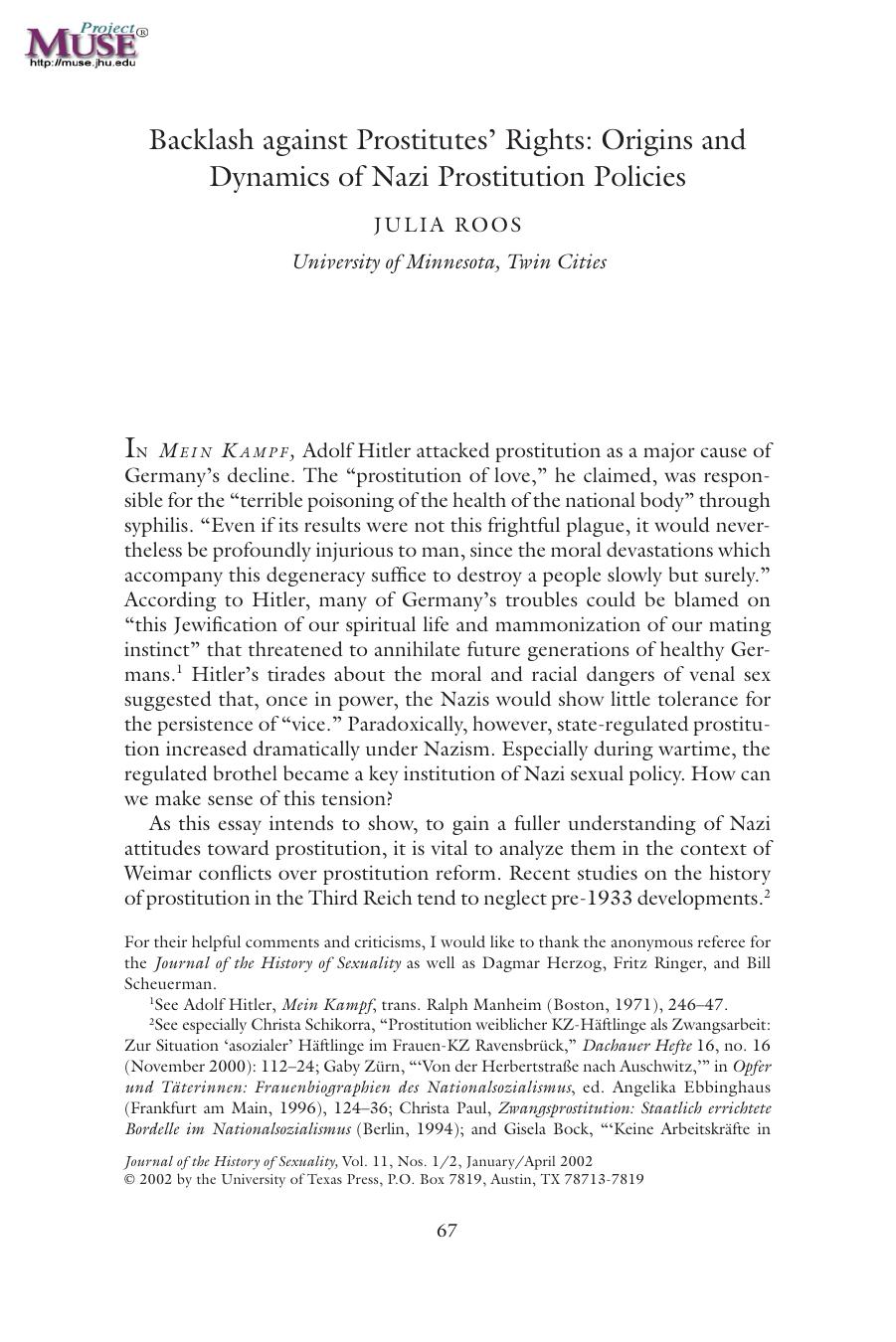 Origins and Dynamics of Nazi Prostitution Policies by JULIA ROOS