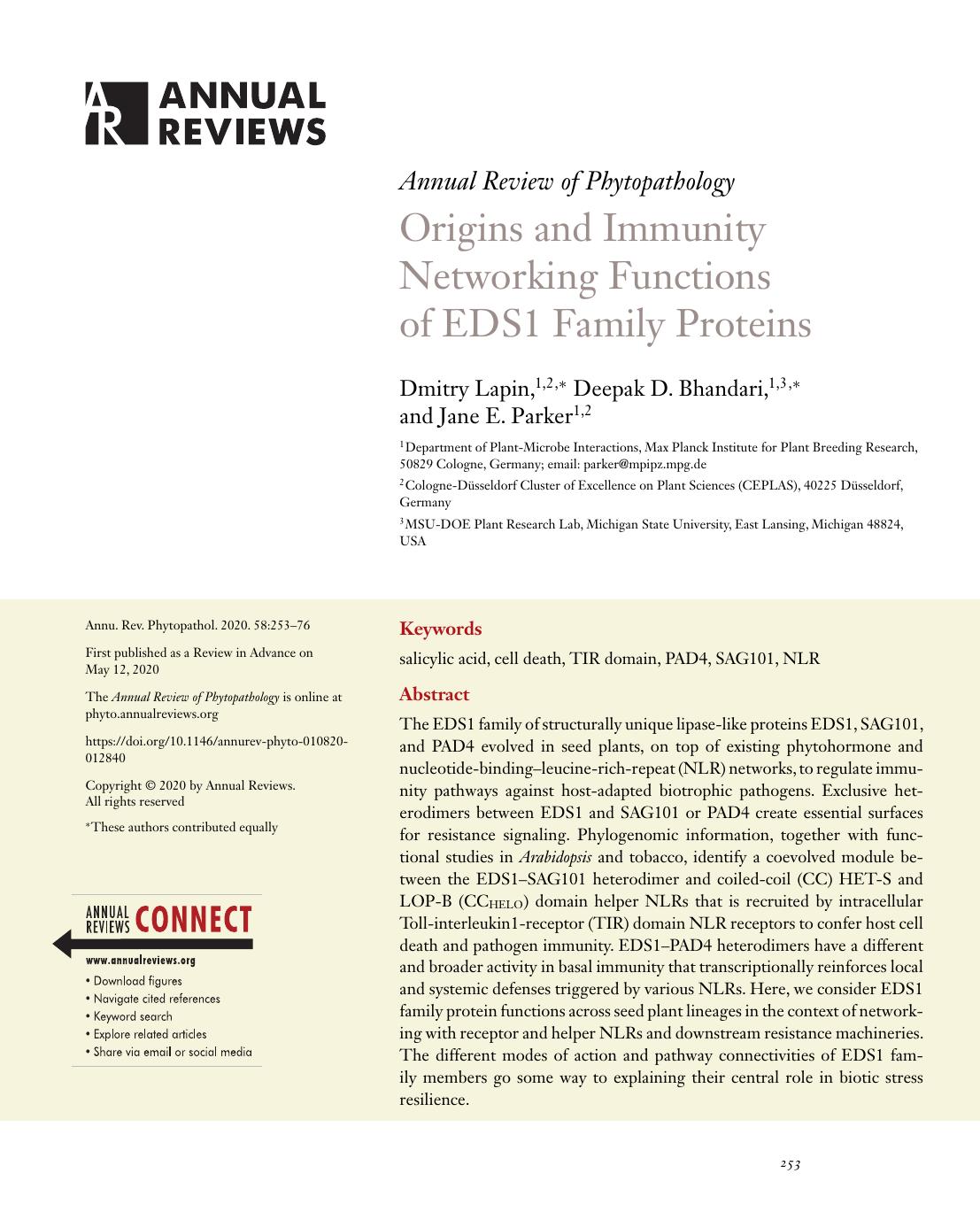 Origins and Immunity Networking Functions of EDS1 Family Proteins by Dmitry Lapin Deepak D. Bhandari Jane E. Parker