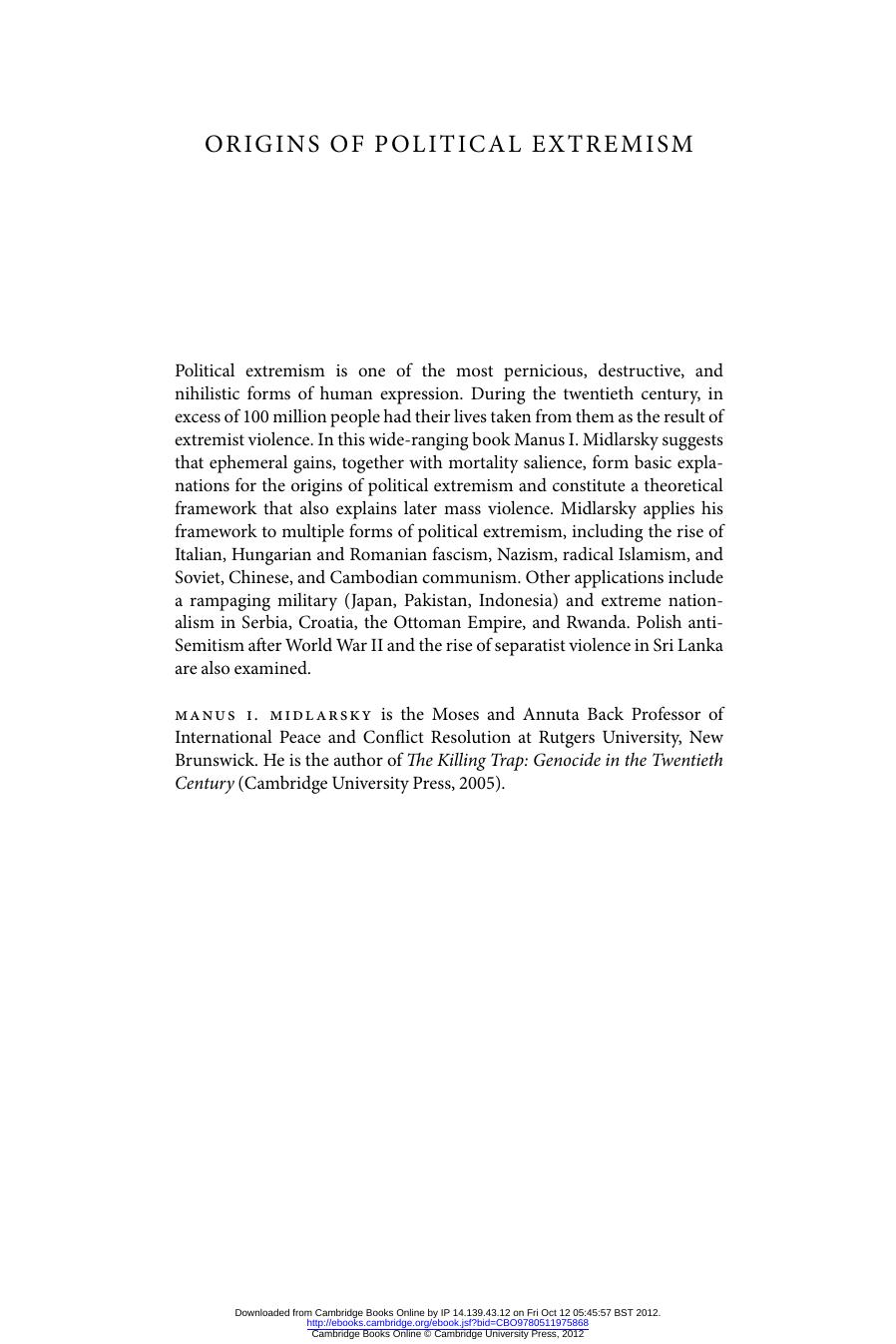 Origins of Political Extremism: Mass Violence in the Twentieth Century and Beyond by Manus I. Midlarsky