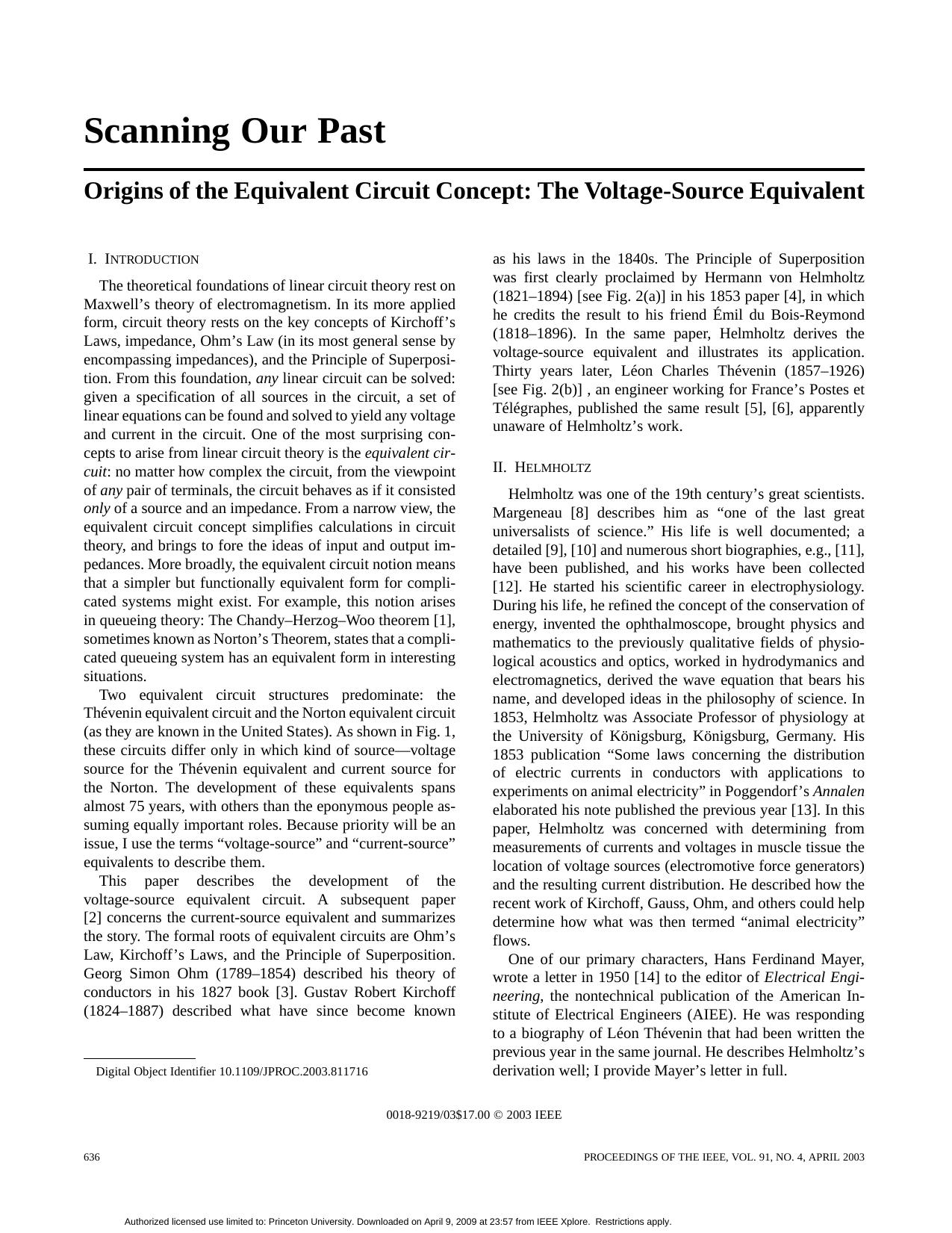 Origins of the equivalent circuit concept: the voltage-source equivalent by Unknown