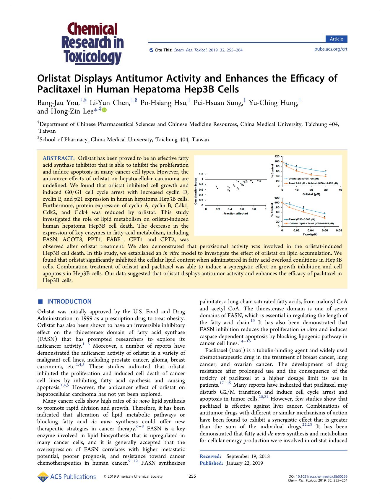 Orlistat Displays Antitumor Activity and Enhances the Efficacy of Paclitaxel in Human Hepatoma Hep3B Cells by Bang-Jau You Li-Yun Chen Po-Hsiang Hsu Pei-Hsuan Sung Yu-Ching Hung and Hong-Zin Lee