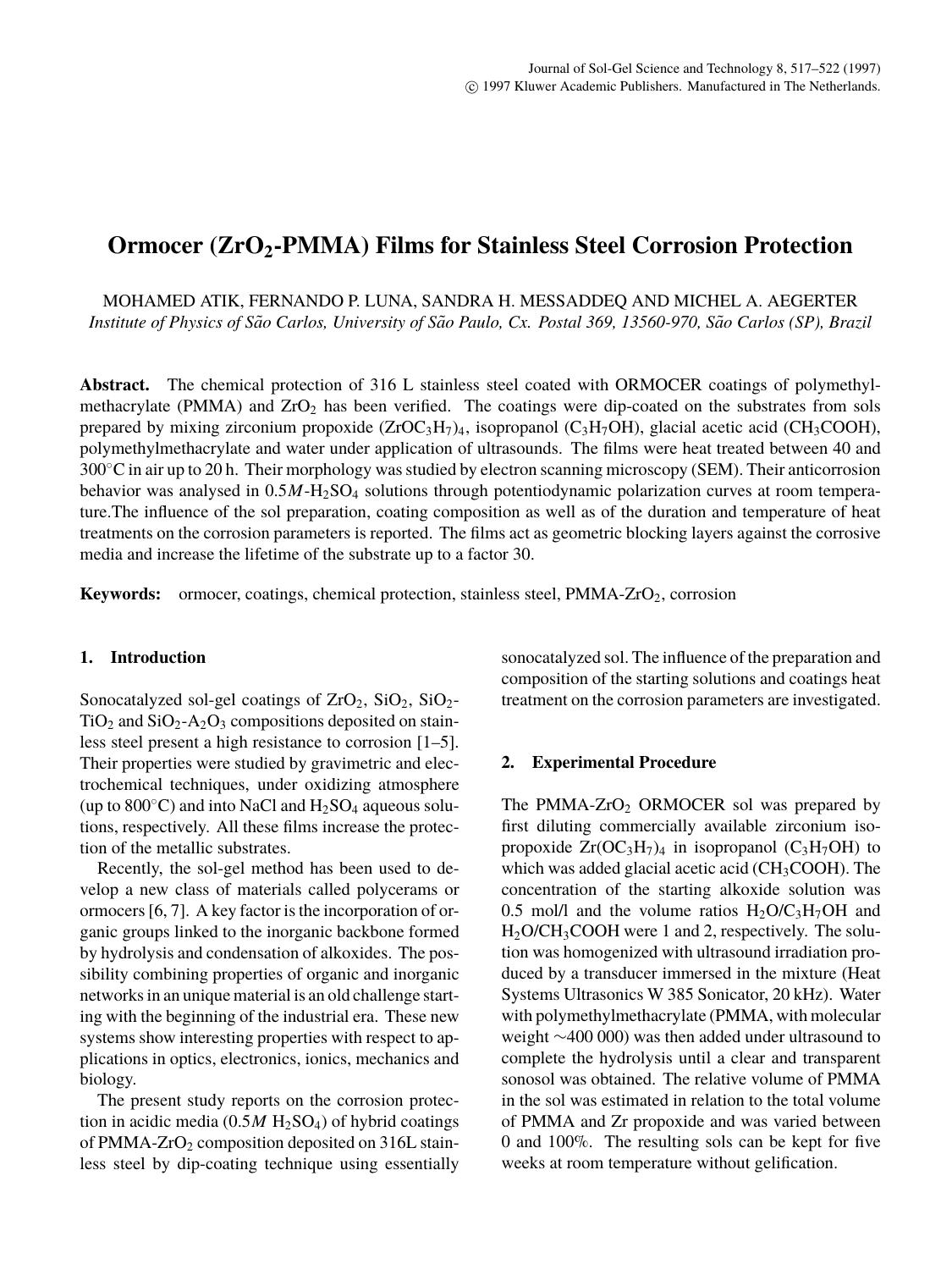 Ormocer (ZrO<Subscript>2<Subscript>-PMMA) Films for Stainless Steel Corrosion Protection by Unknown