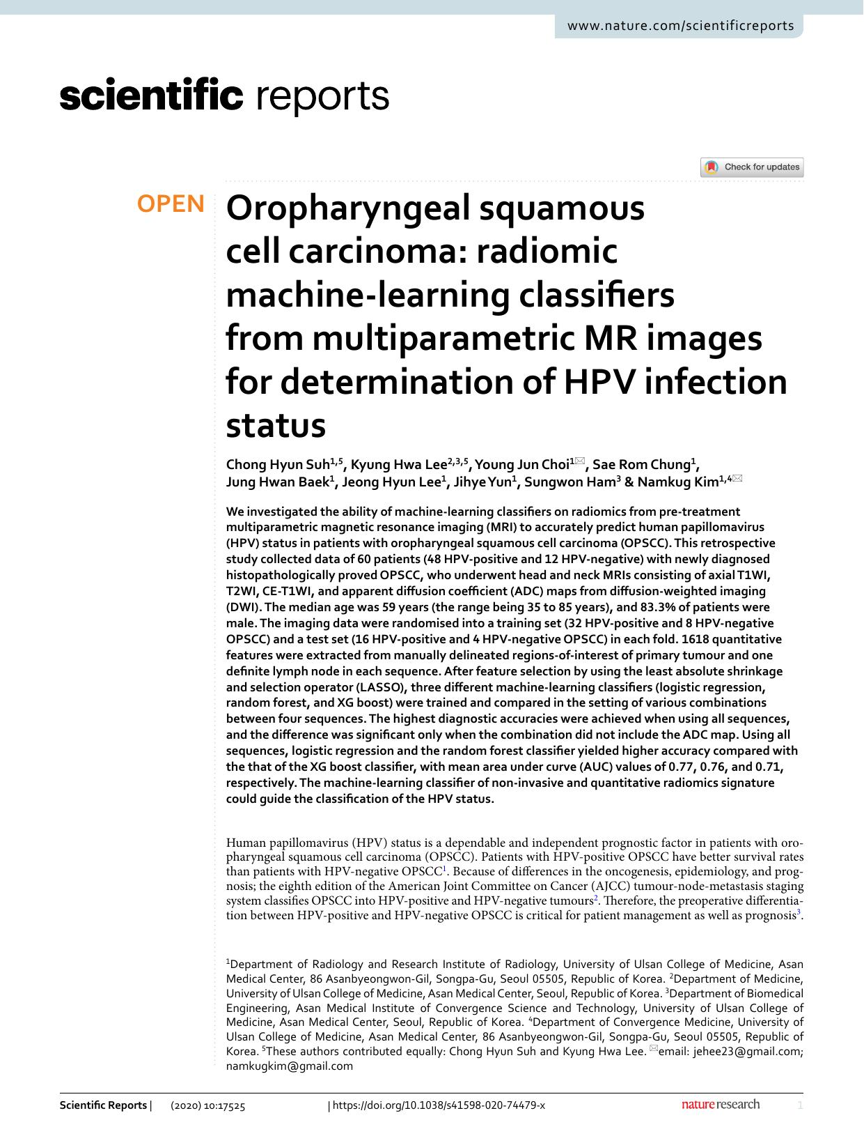 Oropharyngeal squamous cell carcinoma: radiomic machine-learning classifiers from multiparametric MR images for determination of HPV infection status by unknow