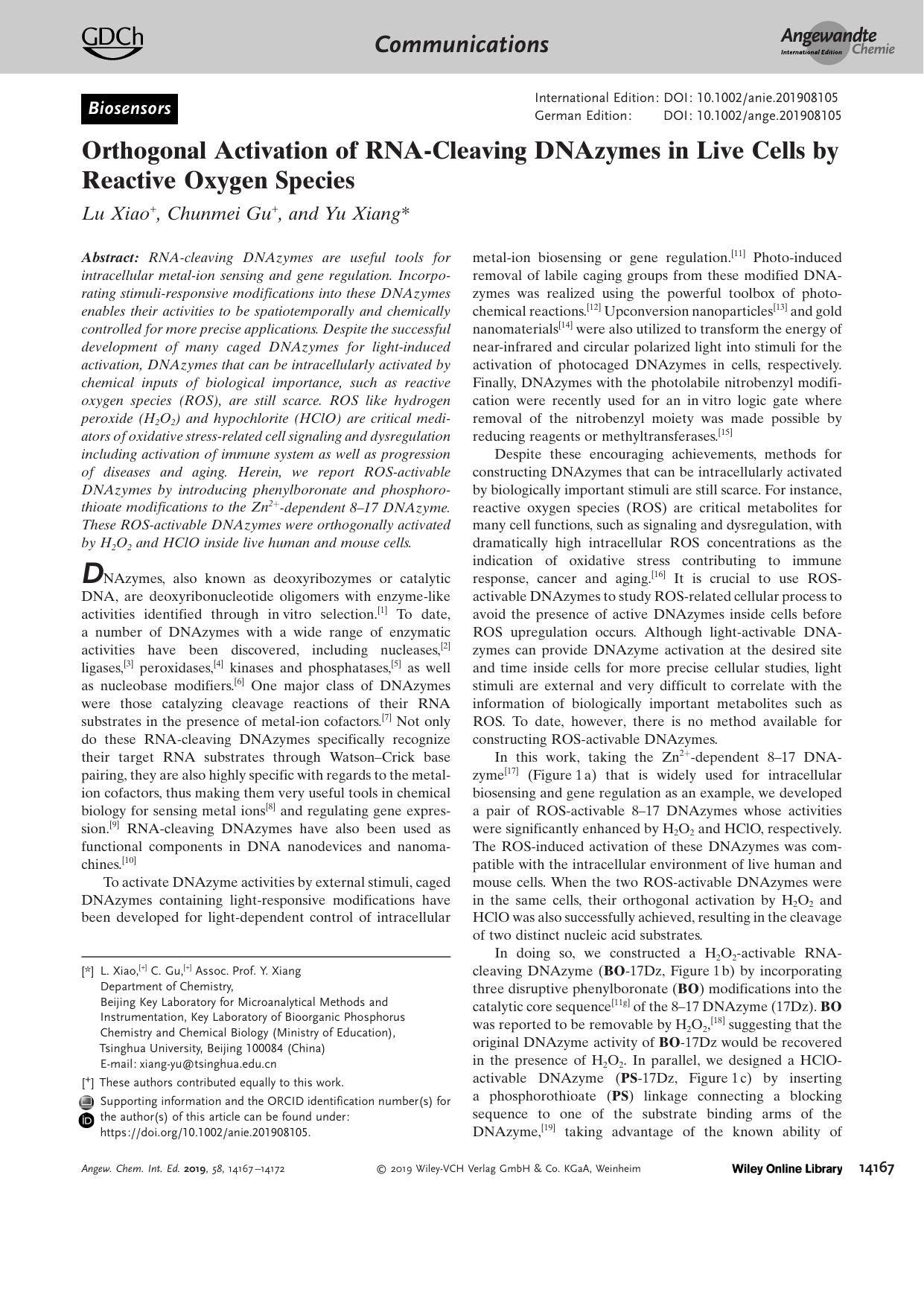 Orthogonal Activation of RNAâCleaving DNAzymes in Live Cells by Reactive Oxygen Species by Unknown