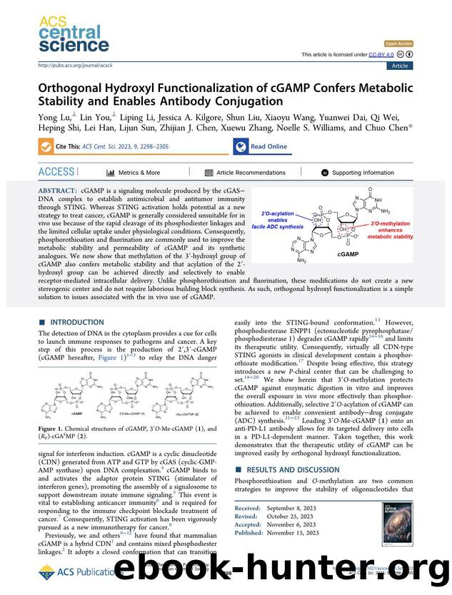 Orthogonal Hydroxyl Functionalization of cGAMP Confers Metabolic Stability and Enables Antibody Conjugation by unknow