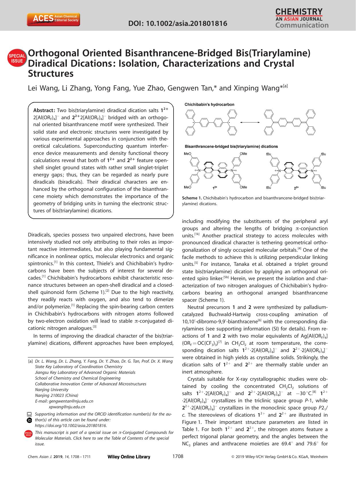 Orthogonal Oriented BisanthranceneâBridged Bis(Triarylamine) Diradical Dications: Isolation, Characterizations and Crystal Structures by Unknown