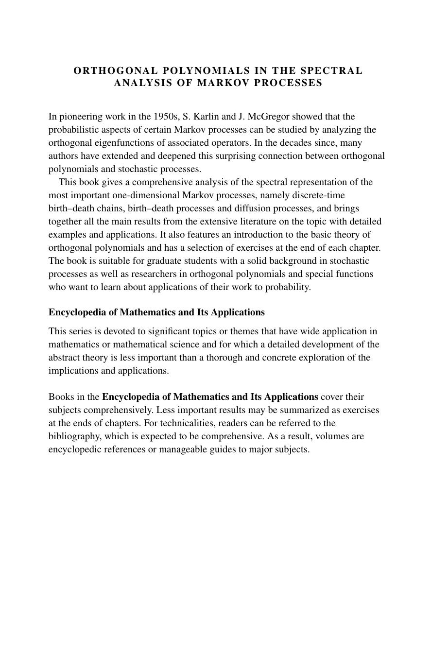Orthogonal Polynomials in the Spectral Analysis of Markov Processes: Birth-Death Models and Diffusion (Encyclopedia of Mathematics and its Applications, Series Number 181) by Manuel Domínguez de la Iglesia