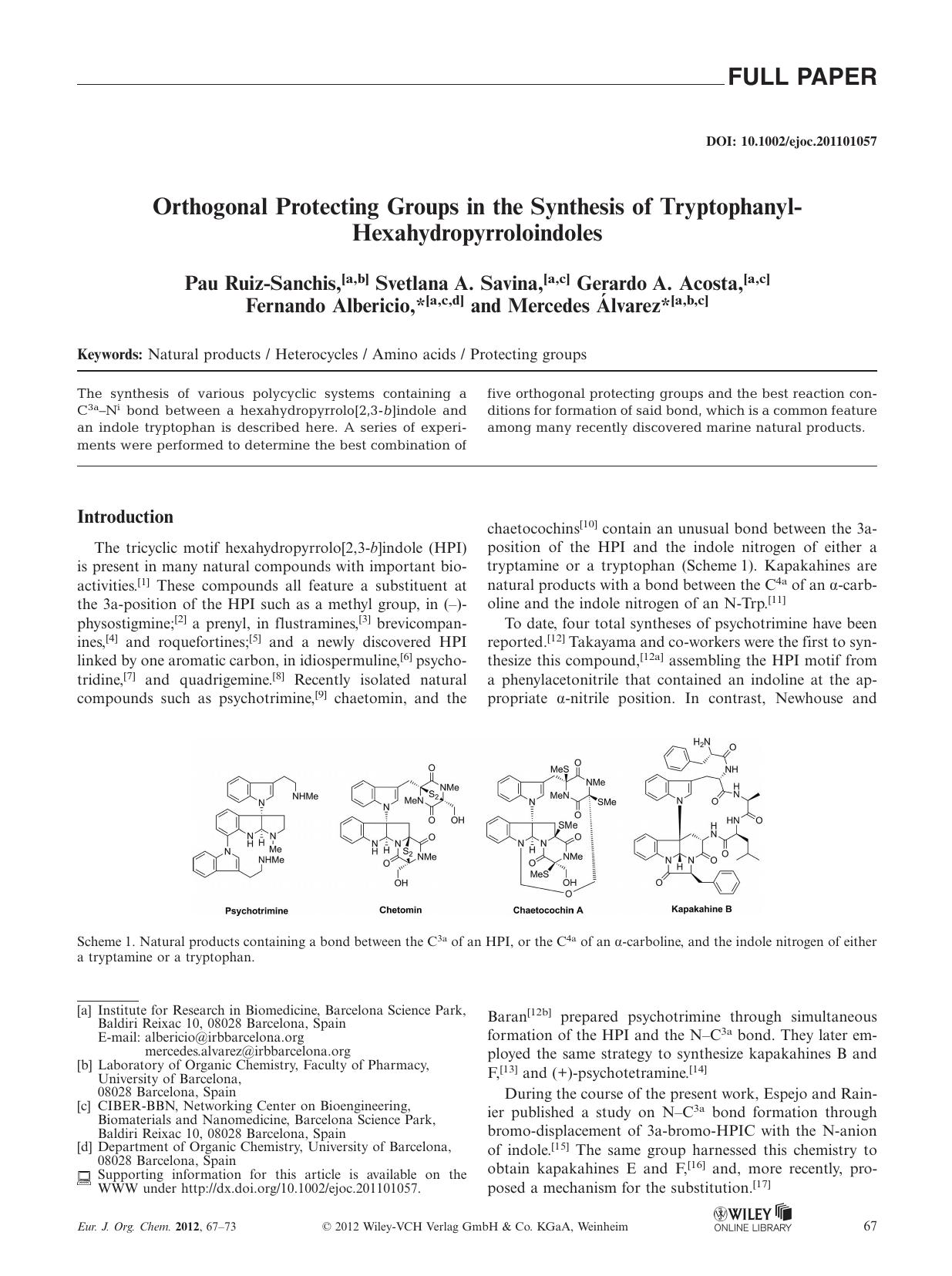 Orthogonal Protecting Groups in the Synthesis of TryptophanylHexahydropyrroloindoles by Unknown