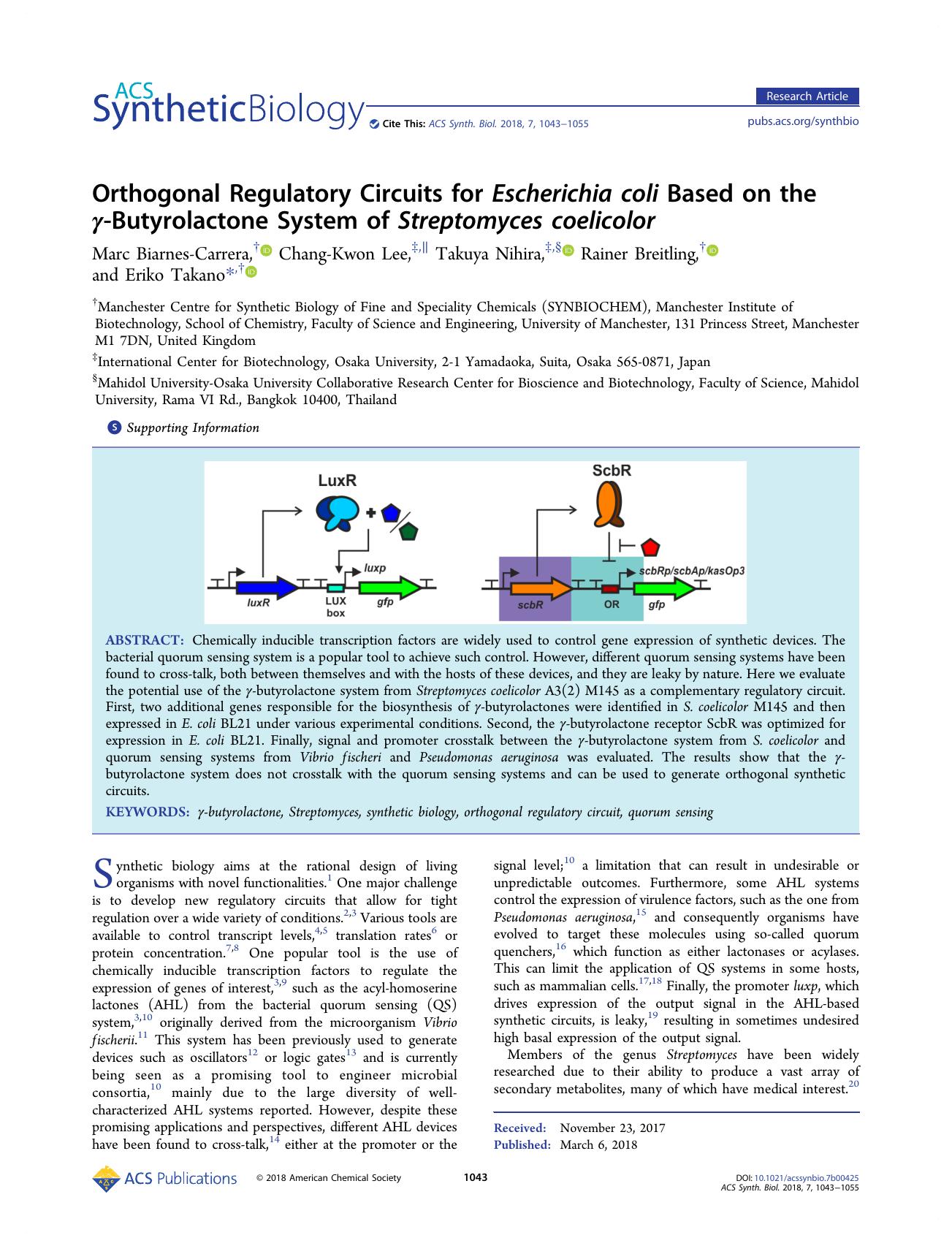 Orthogonal Regulatory Circuits for Escherichia coli Based on the Î³-Butyrolactone System of Streptomyces coelicolor by Marc Biarnes-Carrera Chang-Kwon Lee Takuya Nihira Rainer Breitling and Eriko Takano