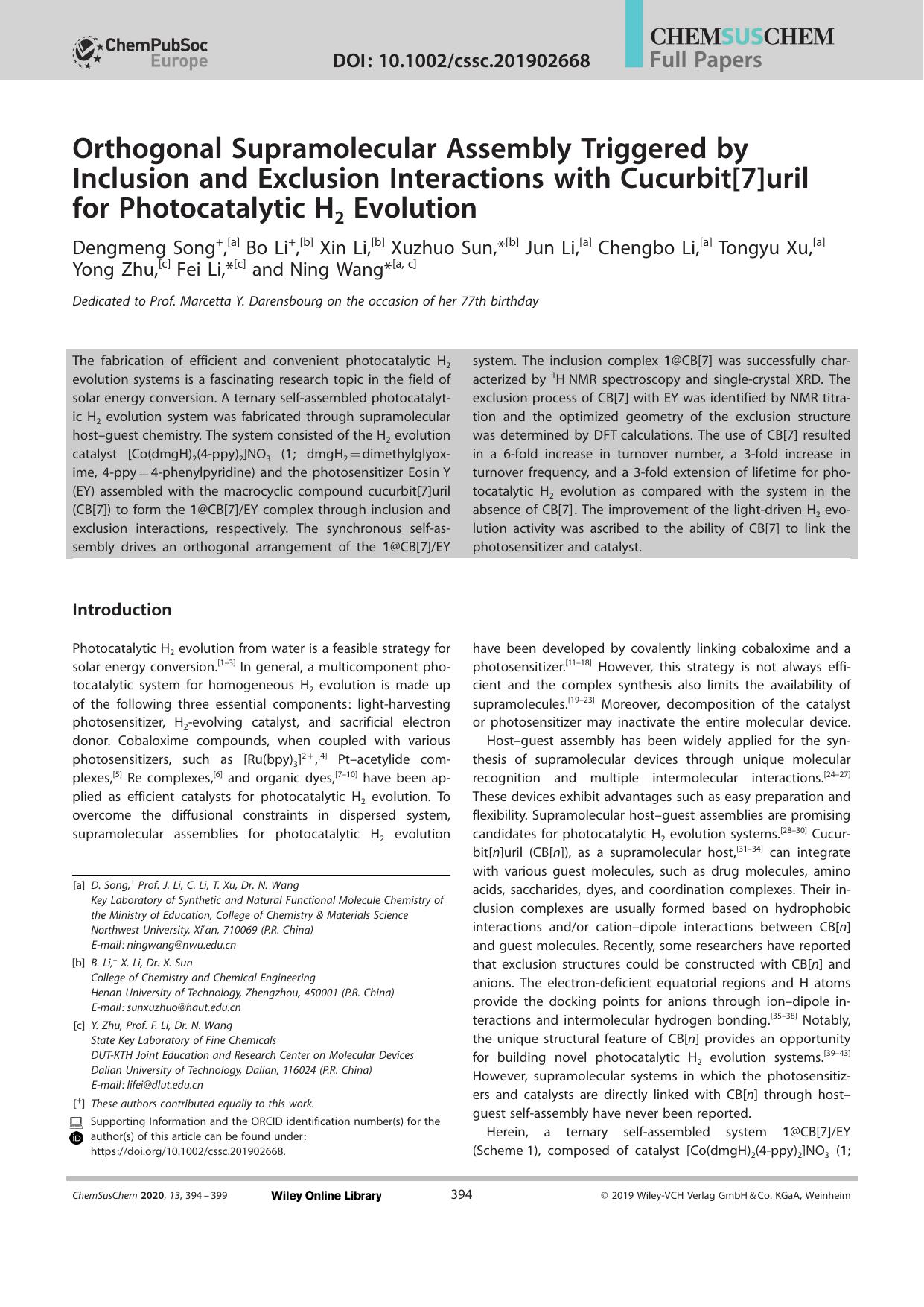 Orthogonal Supramolecular Assembly Triggered by Inclusion and Exclusion Interactions with Cucurbit[7]uril for Photocatalytic H2 Evolution by Unknown