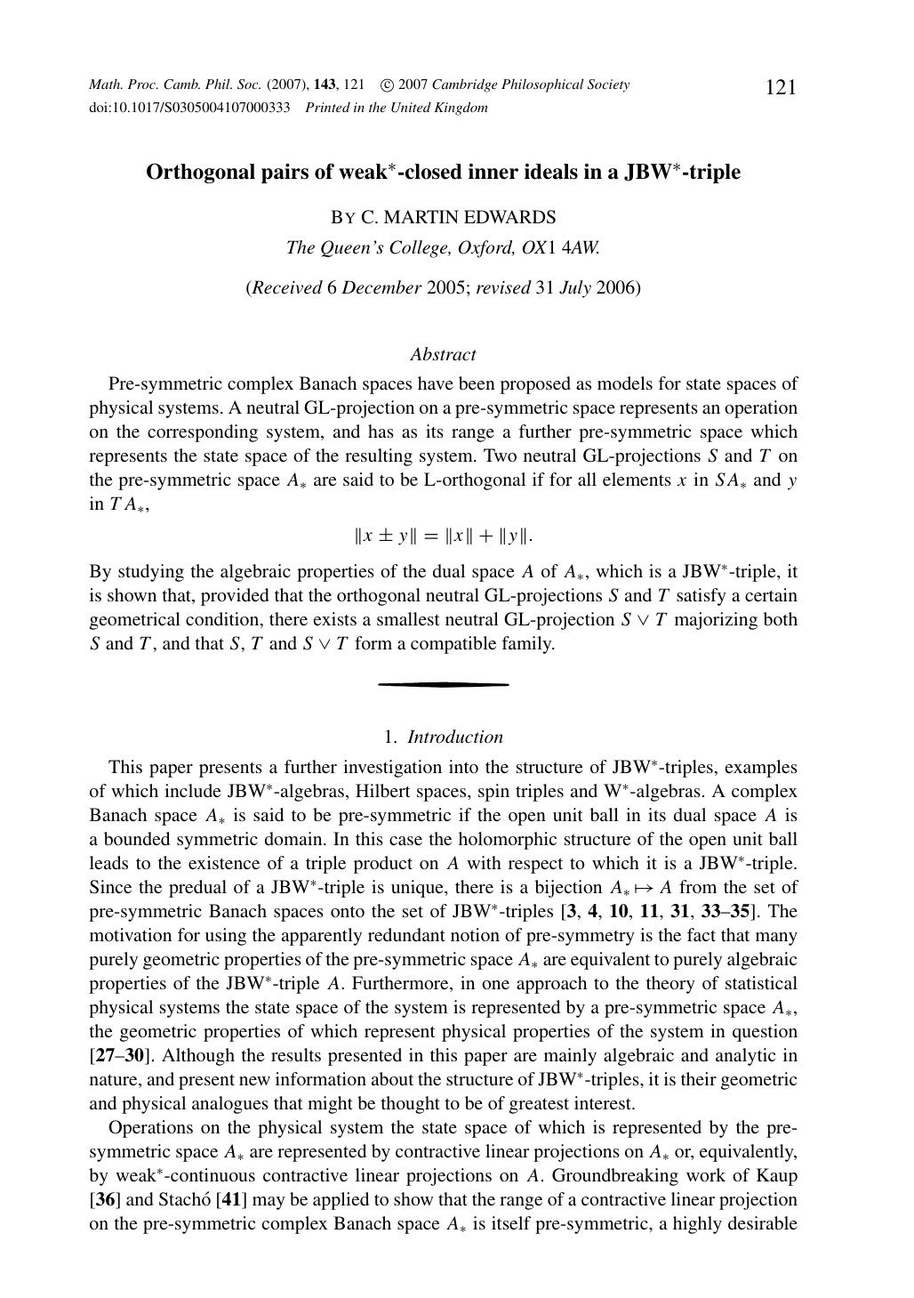 Orthogonal pairs of weak*-closed inner ideals in a JBW*-triple by C. MARTIN EDWARDS