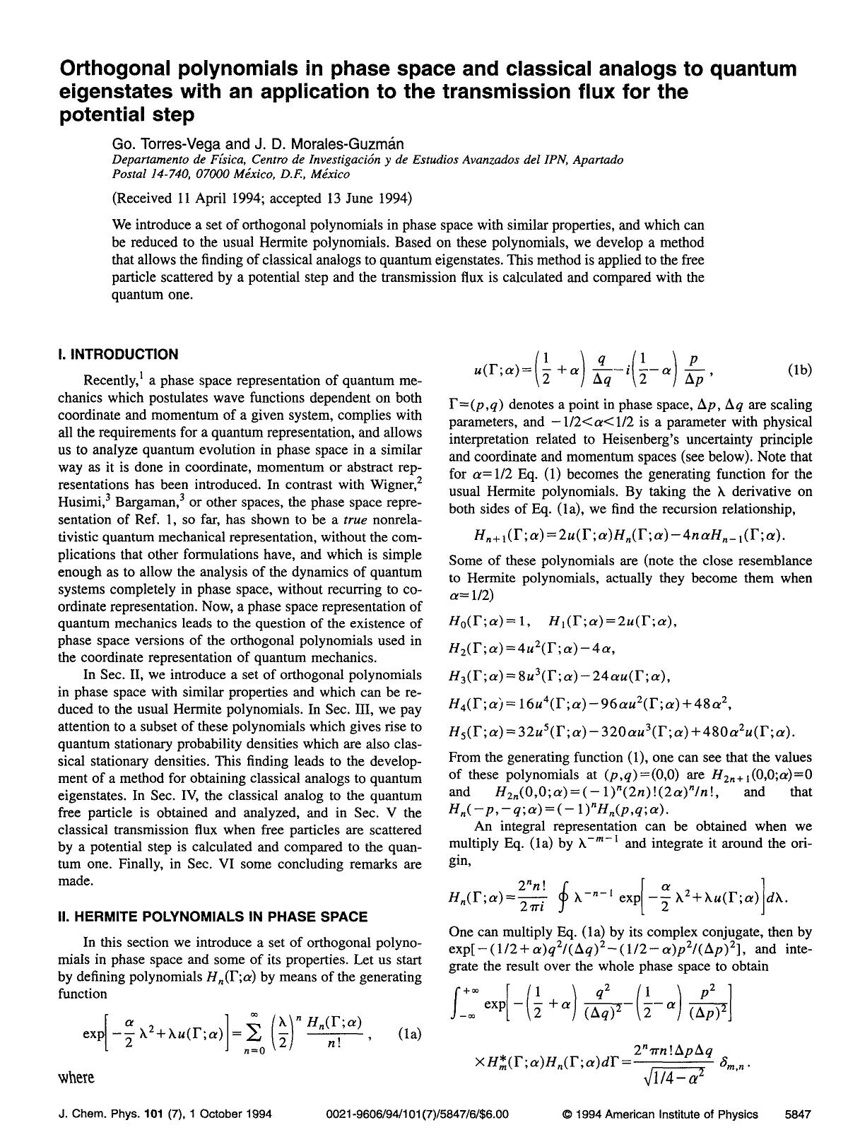 Orthogonal polynomials in phase space and classical analogs to quantum eigenstates with an application to the transmission flux for the potential step by Go. Torres-Vega; J. D. Morales-Guzman