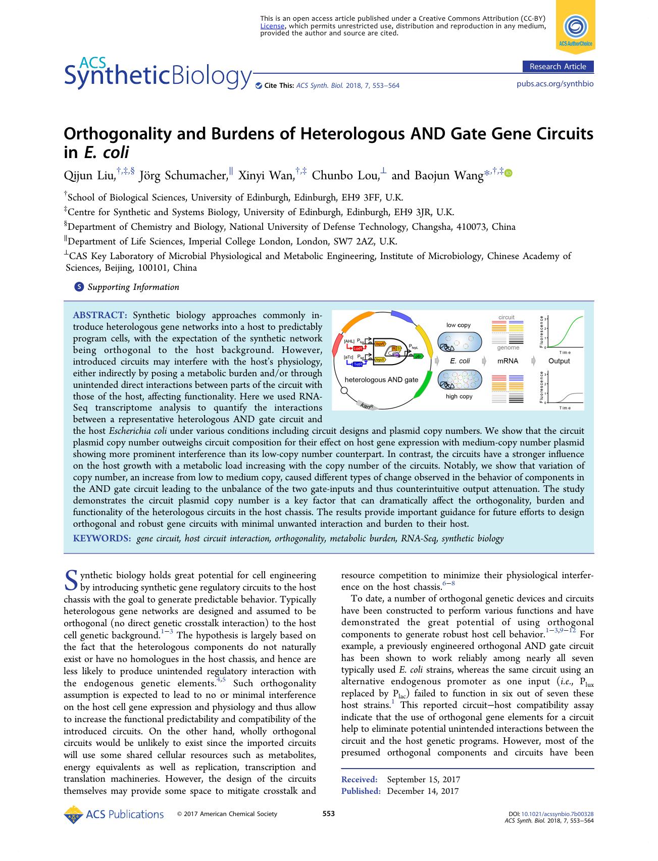 Orthogonality and Burdens of Heterologous AND Gate Gene Circuits in E.Â coli by Qijun Liu Jörg Schumacher Xinyi Wan Chunbo Lou and Baojun Wang