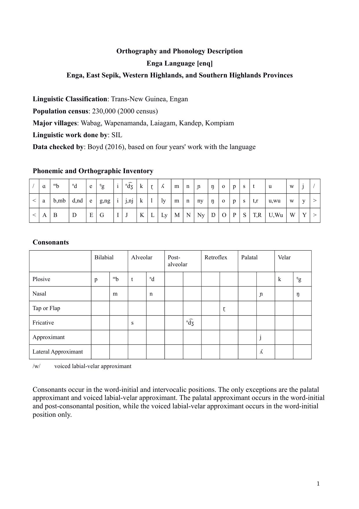 Orthography and Phonology Description. Enga Language [enq]. Enga, East Sepik, Western Highlands, and Southern Highlands Provinces by Adam Boyd