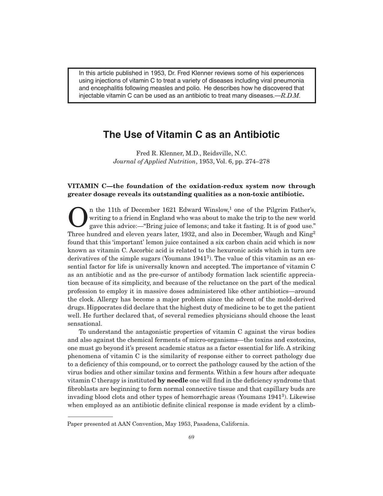 Orthomolecular Medicine Dr Fred R. Klenner MD : Important Historical Collection of Vitamin C papers by unknow