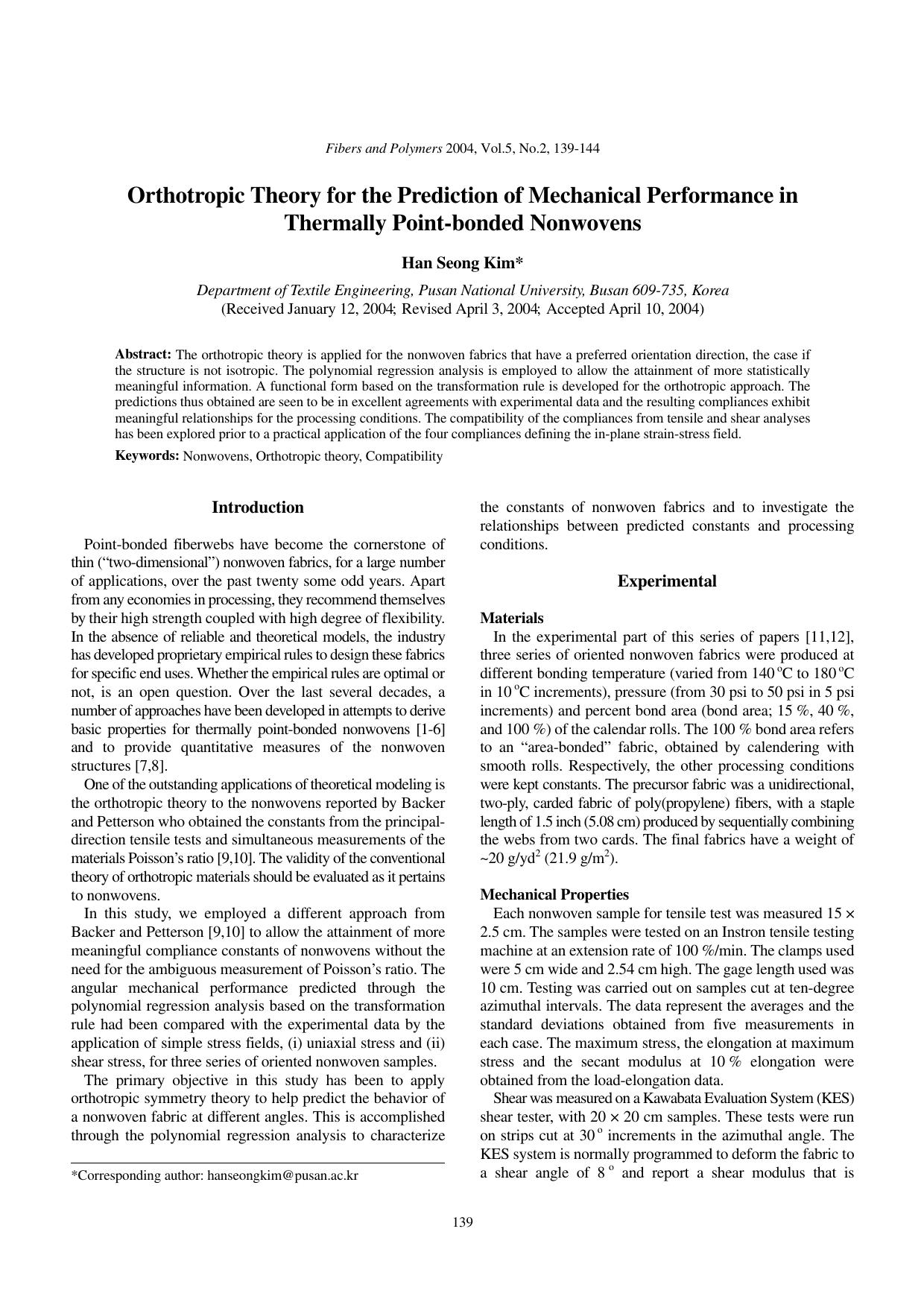 Orthotropic theory for the prediction of mechanical performance in thermally point-bonded nonwovens by Unknown