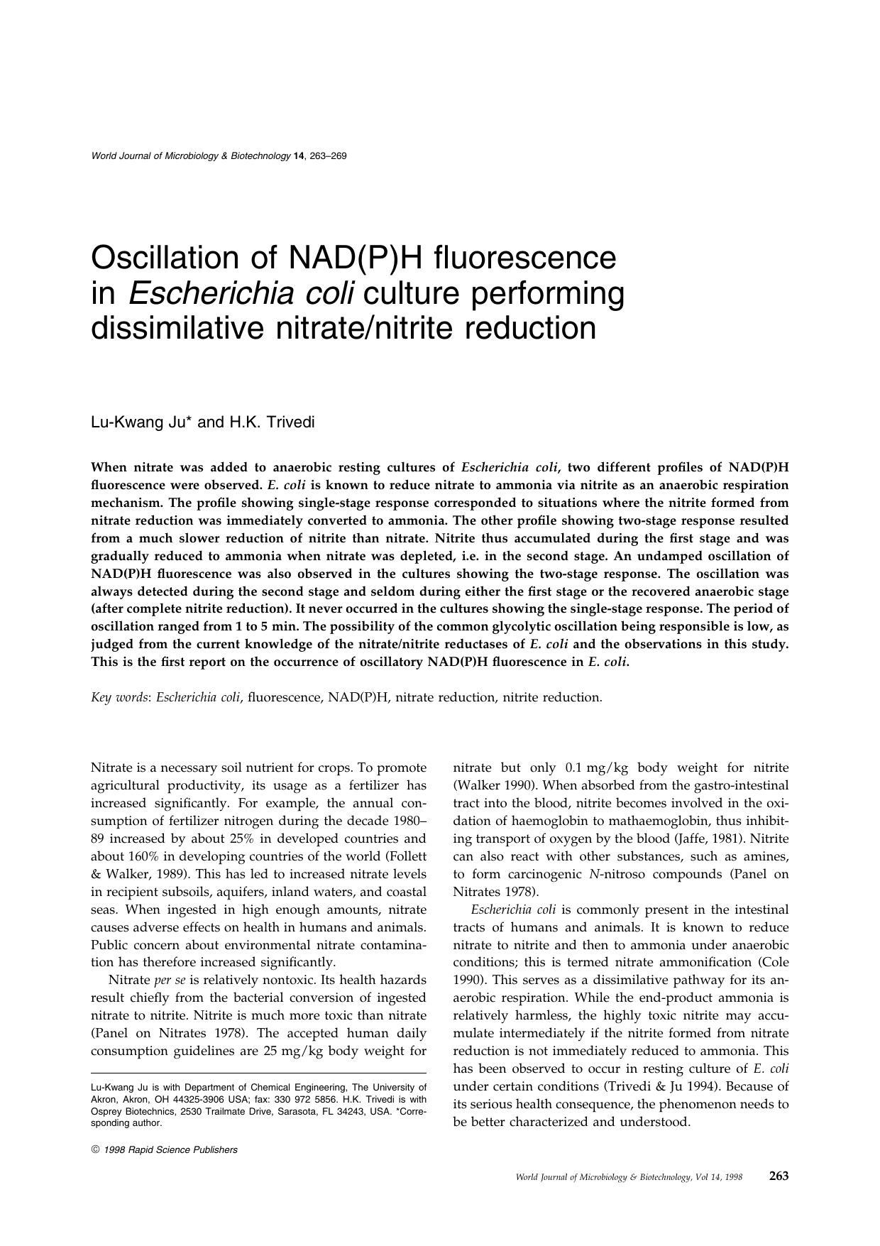 Oscillation of NAD(P)H fluorescence in Escherichia coli culture performing dissimilative nitratenitrite reduction by Unknown