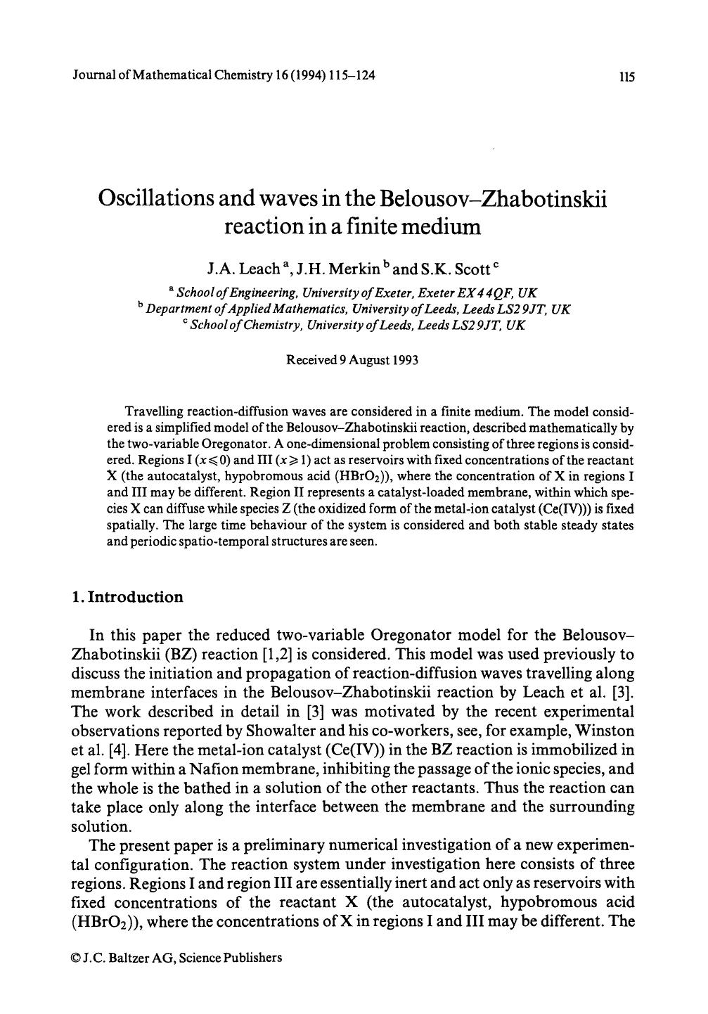 Oscillations and waves in the Belousov-Zhabotinskii reaction in a finite medium by Unknown